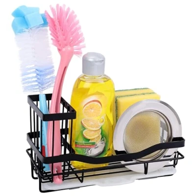 Afbeelding van Belle Vous Zwart Ijzeren Keuken Gootsteen Organizer Caddy Roestbestendige Doeken Hanger en Spons Houder Drup Tray Sneldrogende Afwas Accessoire Rek voor Keuken/Badkamer Werkblad