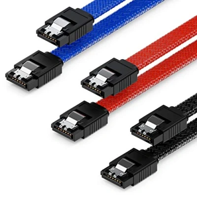 Afbeelding van deleyCON 3 x 50 cm SATA nylon kabelset datakabels 6 Gbit/s aansluitkabels moederbord harde schijf HDD SSD 2 S ATA stekkers recht zwart blauw rood