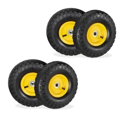 Afbeelding van Relaxdays 4 stuks reservewielen voor steekwagen 4.10/3.50 4, luchtbanden, as 16 mm, 136 kg, stalen velg, 260 x 85 zwart/geel