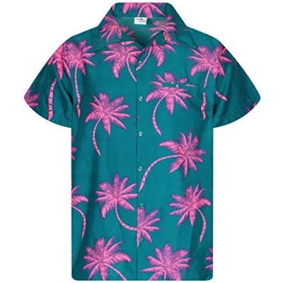 Afbeelding van King Kameha Funky Hawaiihemd voor heren, korte mouwen, met voorzak, palmenpatroon, donkergroen, roze.