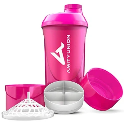 Afbeelding van AMITYUNION Eiwitshaker Deluxe 700 ml, waterdichte eiwitshaker, BPA vrij, zeef voor romige shakes met weipoeder, roze beker