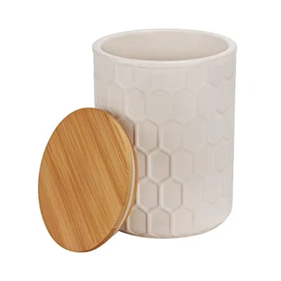 Afbeelding van Opbergdoos Maya van hoogwaardig wit keramiek met honingraatstructuur, vaatwasmachinebestendige doos luchtdicht afsluitbaar deksel bamboe, FSC® gecertificeerd, 1,3 l, Ø 13 x 17 cm
