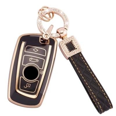 Afbeelding van Koaudb Integrale hoes voor BMW autosleutel, soepele TPU in zwart/goud met lederen sleutelkoord 1/3/4/5/6/7 series, X3/X4/GT3/GT5/4A/GT5, 3/4 knoppen, smart key (BP BM 4A)