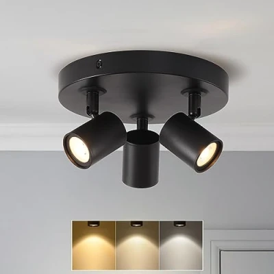 Afbeelding van ANWIO GU10 Plafondlamp, dimbaar, 3 lampen, rond, zwart, draaibaar, voor keuken, slaapkamer, met lamp (EUCS LG11A)