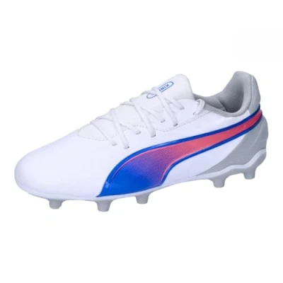 Afbeelding van Puma KING Match FG/AG JR Unisex Voetbalschoenen met kunststof noppen voor kinderen, Maat: 34.5, White/bluemazing/flat light gray