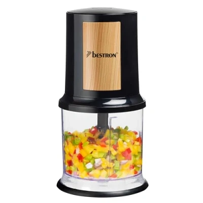 Afbeelding van Bestron electrische Hakmolen, twee rvs Hakmessen &amp; 500 ml cacpaciteit, grote Pulsschakelaar, 400 Watt, Black Wood Collection, Kleur: Zwart/Hout