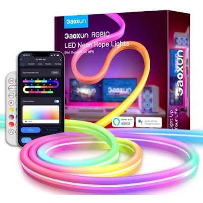 Afbeelding van Gaoxun RGBIC Neon ledstrip, 3 m, met wifi app bediening, IP65 waterdicht, doe het zelf, muzieksynchronisatie, werkt Alexa en Google Assistant, dimbaar, voor