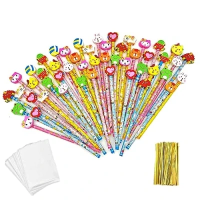 Afbeelding van JZK 50 x HB schoolpotloden, set potloden met gum van dieren, bloemen, zon, vlinder, etc., als verjaardagscadeau, gastgeschenk kinderfeestje