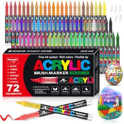 Afbeelding van Vakki Acrylviltstiften, 72 kleuren, acrylstiften met penseelpunt voor volwassenen, acrylverfmarkers kalligrafie, hout, canvas, glas, keramiek