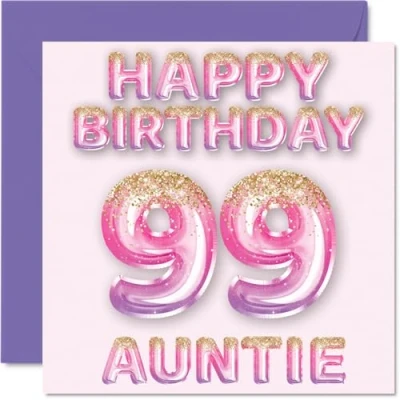 Afbeelding van Verjaardagskaart voor tante 99 jaar, roze en paarse glitterballonnen, verjaardagskaarten jarige van neef nichtje, 145 mm x