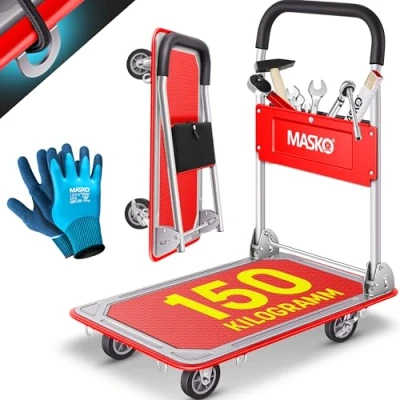 Afbeelding van MASKO® opvouwbare transportwagen met werkhandschoenen, parkeerrem, transporthulp, 6 veiligheidsogen, 360 draaibare wielen, trolley (rood, 150 kg)