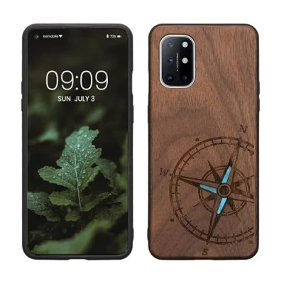 Afbeelding van kwmobile telefoonhoesje geschikt voorOnePlus 8T Hoesje met bumper walnoothout In donkerbruin Parelmoer kompas design