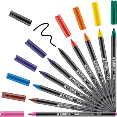 Afbeelding van edding 1300/10S 10 stuks in verschillende kleuren ronde punt 2 mm metal box inkt op waterbasis voor schrijven, schetsen en lay outs lichtgekleurd papier