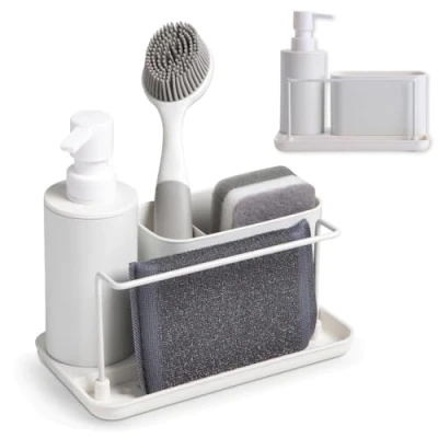 Afbeelding van KOOK TIME Vaatwasservloeistofdispenser met sponshouder en borstelhouder voor keuken, vloeibare zeepdispenser de handen opslag gootsteen, zeepbakje, wit, 21 x 12 19 cm