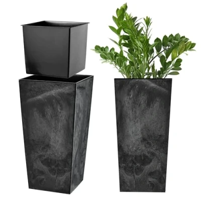 Afbeelding van KADAX Bloempot, plantenpot van kunststof, voor binnen en buiten, tuin, balkon, terras, huis, weerbestendig, imitatie rotan (zwart beton, 36 cm hoogte)