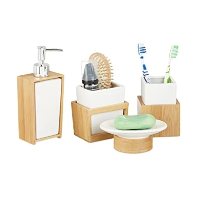Afbeelding van Relaxdays badkameraccessoires set 4 delig bamboe keramiek badkamerset zeeppompje