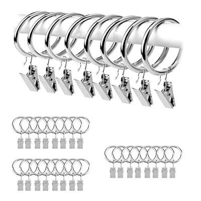 Afbeelding van 24 stuks zilverkleurige gordijnroede ringen van roestvrij metaal met haak/ophangclips oogjes voor het vasthouden zware gordijnen en (38 mm)