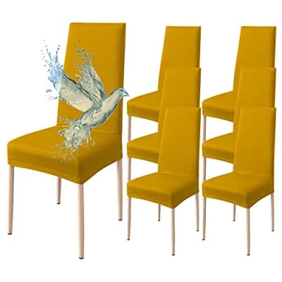 Afbeelding van Stoelbekleding met rugleuning, 6 stuks, elastisch, waterdicht, universele maat, afneembaar, wasbaar, voor woonkamer, keuken, modern, geel