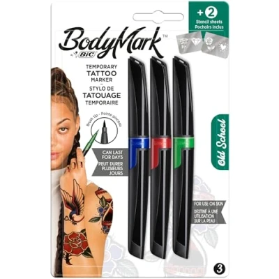 Afbeelding van Bodymark by Bic Tijdelijke tattoomarkers en sjablonen, Old School Kit verschillende kleuren, 3 + 2 stuks