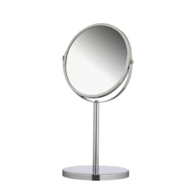 Afbeelding van axentia Zilveren vergrotende tafelspiegel, verchroomde cosmetische spiegel, robuuste badkamerspiegel met 3x en 1x vergroting, ronde scheerspiegel gemiddeld ca. 17 cm