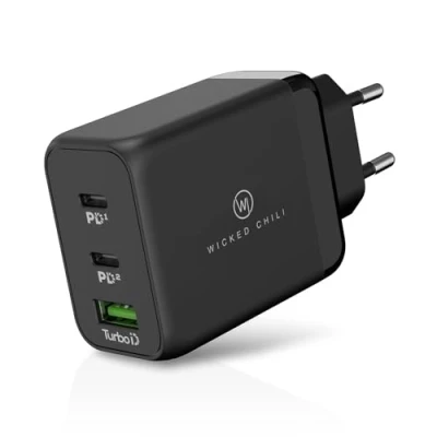 Afbeelding van Wicked Chili GaN 65 W oplader compatibel met MacBook Pro, Air, iPad, iPhone 15, 14, 13, 12, Watch Ultra, Samsung, Pixel QC PD PPS snellader, snellader (2 x type C / 1