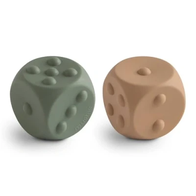 Afbeelding van Mushie Knijpspeeltje Dobbelsteen Thyme/Natural 2 Stuks