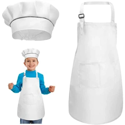 Afbeelding van 1 set schort en koksmuts voor kinderen, wit, kinderschorten, verstelbaar, peuters, chefschort, jongens, kookschort, meisjes, keukenschort met 2 zakken, kinderen van 3 tot 6 jaar,,