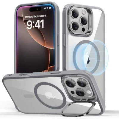 Afbeelding van ESR beschermhoes voor iPhone 16 Pro Max met standaard, Magsafe Halolock, militaire bescherming, geïntegreerde camera ringhouder, transparant grijs