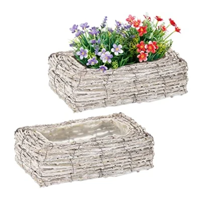 Afbeelding van Relaxdays plantenbak set van 2 rotan plantenpot met folie rechthoekig wit