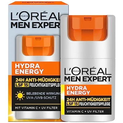 Image de L&#039;Oréal Men Expert Hydra Energy Soin du visage avec SPF 15 pour homme Crème hydratante 24H anti fatigue protection solaire le vitamine C et protéines 1 x 50 ml