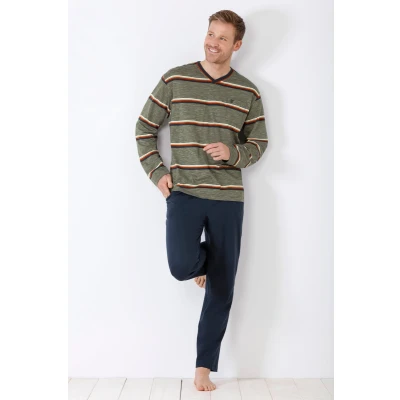Afbeelding van Hajo herenpyjama met V hals Blauw Maat 58