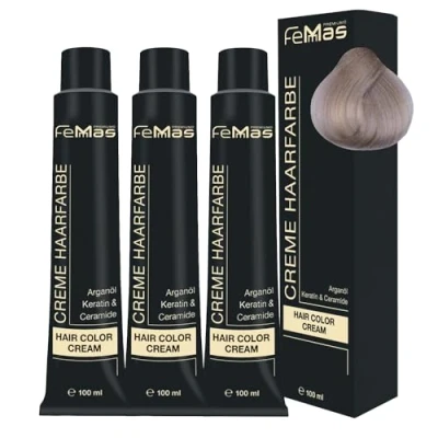 Image de FemMas Lot de 3 teintures capillaires professionnelles à l&#039;huile d&#039;argan, la kératine et aux céramides, Blond platine sable 11,7, Pour des résultats couleur éclatants durables, 100 ml