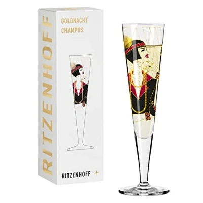 Afbeelding van RITZENHOFF 1071027 Champagneglas 200 ml Goldnacht serie nr. 27 elegant sieraad met echt goud Made in Germany goud, zwart, rood