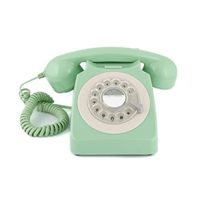 Afbeelding van GPO 746 Draaibare vaste telefoon in jaren &#039;70 retrostijl krullend koord, authentieke belring mintgroen