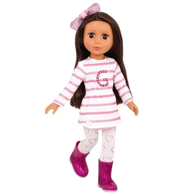 Afbeelding van Glitter Girls by Battat GG51057Z Sarinia pop met scharnieren: witte en roze tuniek, leggings hartmotief, glitterstrik, merklaarzen 35,56 cm vanaf 3 jaar
