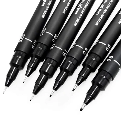 Afbeelding van Uni Pin De set van 6 tekenpennen Zwarte inkt Fijne punt 0,03 tot 0,8 mm