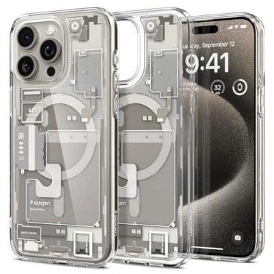 Afbeelding van Spigen Ultra Hybrid Mag hoesje met MagSafe voor iPhone 15 Pro Max natuurlijk titanium (Zero One patroon)