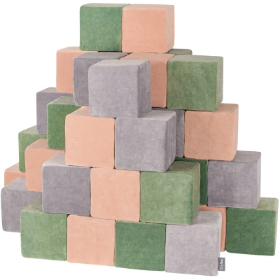 Afbeelding van KiddyMoon Soft VELVET blokken 14cm blokjes: bosgroen woestijnroze berggrijs 48 schuimblokken speelgoed