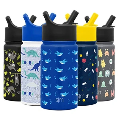 Afbeelding van Simple Modern Waterfles voor kinderen met rietje, roestvrijstalen thermoskan, geïsoleerd, herbruikbaar, jongens en meisjes, school, verzameling, 530 ml, haai bite