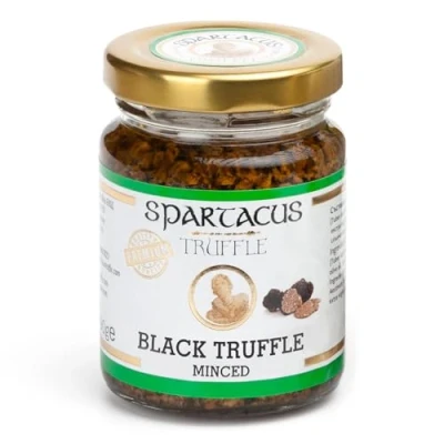 Afbeelding van Spartacus zwarte truffels met extra vierge olijfolie perfecte gastronomische kruiden voor pizza, pasta, salades, aardappelen, vlees en eieren veganistisch glutenvrij (90 g gehakte truffels)
