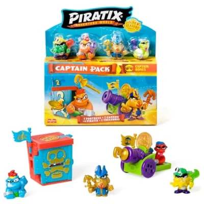 Afbeelding van Piratix Golden Treasure Series Captain Pack Bones. Bevat 4 Piratix; 1 Gouden Kapitein en verrassing, accessoires, fort, kanon, 2 exclusieve schatten vlaggen. 5 van 6