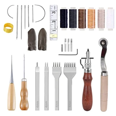 Afbeelding van leren naaigereedschap, leerhandgereedschap, handnaai kit met wasdraad, priem, naald, vingerhoed en andere accessoires voor lederbewerking (25 PCS)