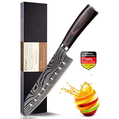 Afbeelding van Joyspot Japans Santoku mes, 7 inch koksmes, professioneel Duits koolstof roestvrij stalen extra scherp lemmet met ergonomische handgreep, beste voor thuiskeuken