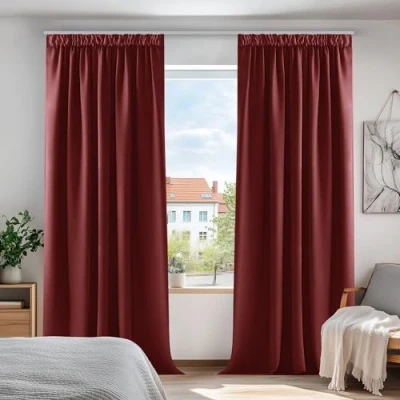 Afbeelding van Deconovo Set van 2 gordijnen voor thuis, kinderkamer, meisjes, raam, gordijn, woonkamer, interieur, decoratief, 107 x 213 cm, thermisch, ondoorzichtig, plooiband, keuken, hittebescherming, rood