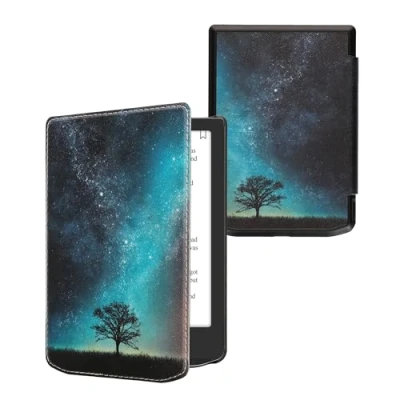 Afbeelding van kwmobile E reader hoesje geschikt voor Pocketbook Verse / Pro hoes flip case met magnetische sluiting Ereader cover Sterrenstelsel en Boom design in blauw grijs zwart