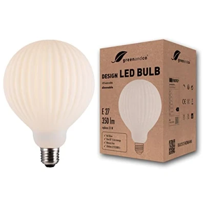 Afbeelding van greenandco® Ledlamp, dimbaar, vintage, opaal, gestreept, E27, G125, 4 W, 350 lm, IRC90+, 3000 K, warm wit, 360 graden, 230 V, geen flikkeren