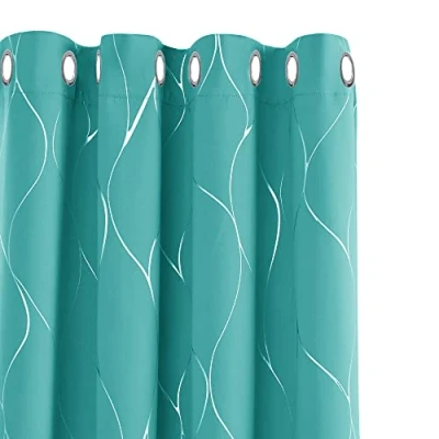 Afbeelding van Deconovo Verduisteringsgordijn, ondoorzichtig, met ringen, voor kinderkamer, zilveren motief, 132 x 183 cm, 2 stuks, turquoise