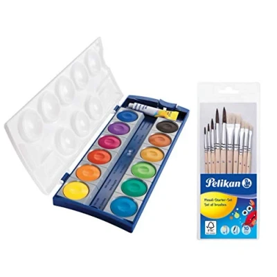 Afbeelding van Pelikan 720250 verfdoos K12, 12 kleuren + 1 tube dekwit, schoolstandaard (dekverfdoos &amp; 10 delig penseelset)