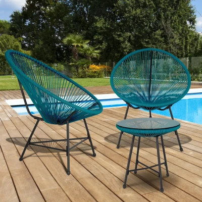 Afbeelding van Salon de jardin IZMIR table et 2 fauteuils oeuf cordage bleu canard