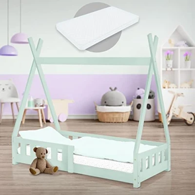 Afbeelding van Ledikant met uitvalbeveiliging en lattenbodem 70x140 cm mint van grenenhout ML Design